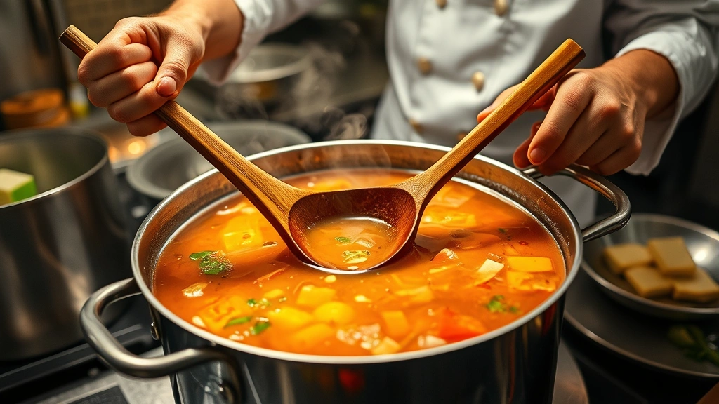 Thai chef's hands stirring a large pot of tom yum broth with wooden ladle, aromatic steam rising, ingredients visible in the liquid, professional kitchen setting with soft warm lighting, authentic cooking moment captured