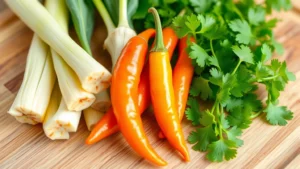 Close-up of fresh lemongrass, galangal root, Thai bird's eye chilies, and cilantro arranged on a wooden cutting board, showing their vibrant colors and textures, natural daylight