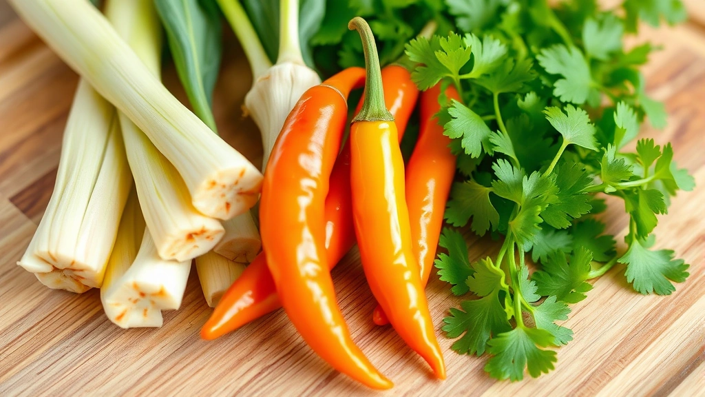 Close-up of fresh lemongrass, galangal root, Thai bird's eye chilies, and cilantro arranged on a wooden cutting board, showing their vibrant colors and textures, natural daylight