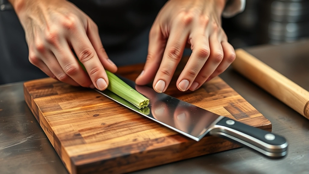 Hands bruising fresh lemongrass stalk with the flat side of a chef's knife on a wooden surface, demonstrating proper technique to release essential oils, professional kitchen setting