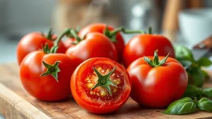 Close-up of vibrant red ripe tomatoes on wooden cutting board with chef's knife, soft natural kitchen lighting, shallow depth of field, fresh basil leaves scattered nearby, steam rising gently in background