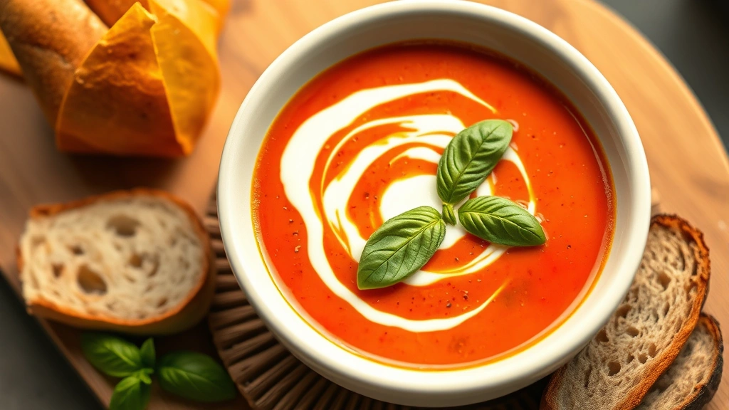 Creamy tomato bisque in white ceramic bowl with swirl of crème fraîche, fresh basil leaf garnish, crusty bread beside bowl, warm golden lighting, wooden table surface, professional plating style