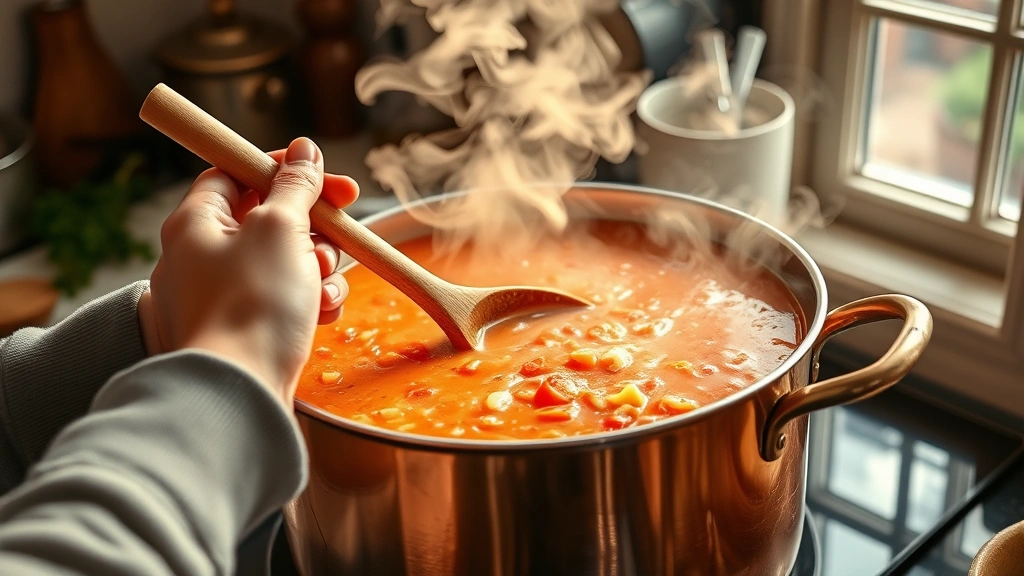 Hands holding wooden spoon stirring large pot of velvety tomato bisque, aromatic steam visible, copper pot gleaming, diced vegetables and creamy soup texture clearly visible, warm kitchen ambiance, daylight from window