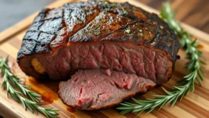 Professional close-up of a perfectly seared top round roast with deep brown crust and visible herb seasoning, displayed on a wooden cutting board with fresh rosemary sprigs beside it