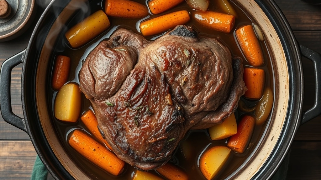 Overhead shot of a Dutch oven containing braised top round roast surrounded by golden roasted carrots, potatoes, and onions in rich brown braising liquid with steam rising