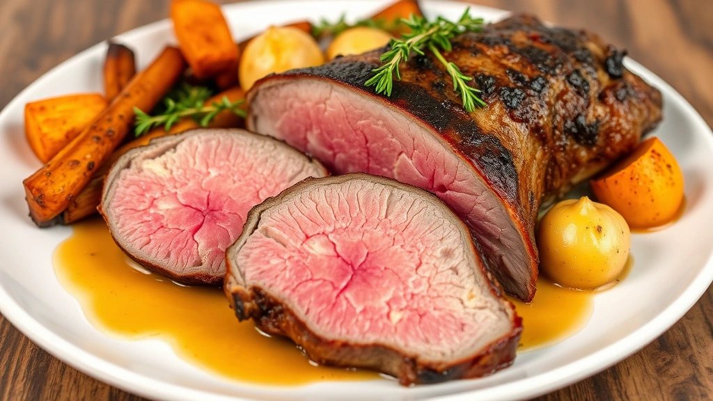 Beautiful plated presentation of sliced top round roast showing pink medium-rare interior, arranged on white plate with roasted vegetables, drizzled with pan sauce, garnished with fresh thyme