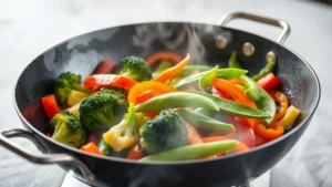 Vibrant stir-fry vegetables sizzling in a wok with steam rising, featuring broccoli, snap peas, and bell peppers with sesame oil glistening, professional food photography