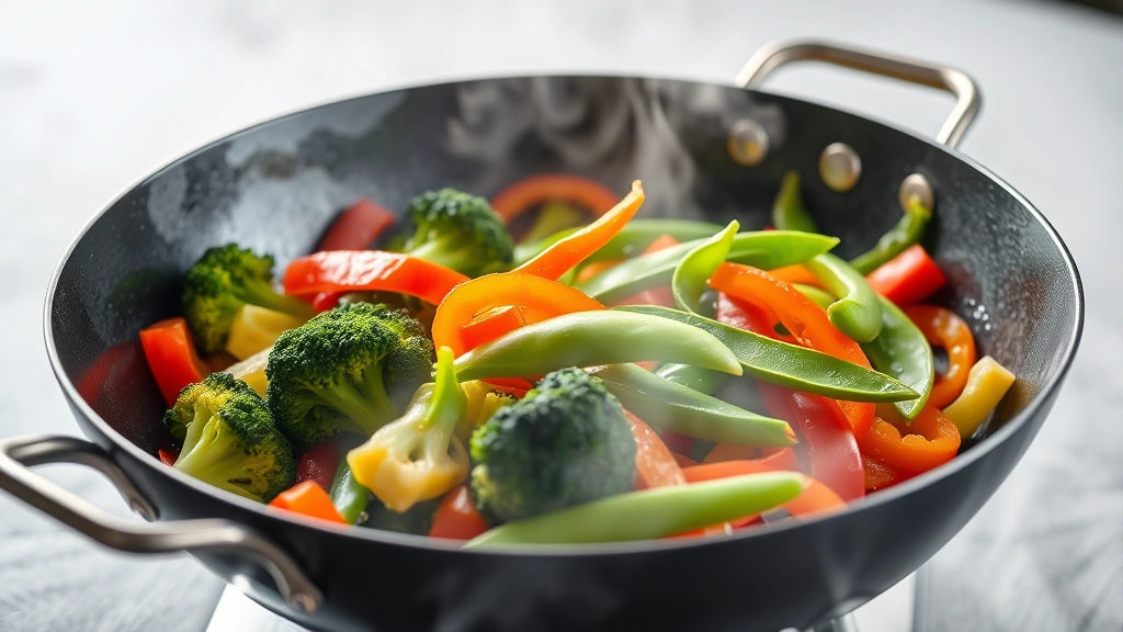 Vibrant stir-fry vegetables sizzling in a wok with steam rising, featuring broccoli, snap peas, and bell peppers with sesame oil glistening, professional food photography