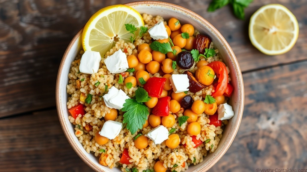 Colorful grain bowl with quinoa, roasted vegetables, chickpeas, and fresh herbs, garnished with feta cheese and lemon wedge, styled on rustic wooden surface