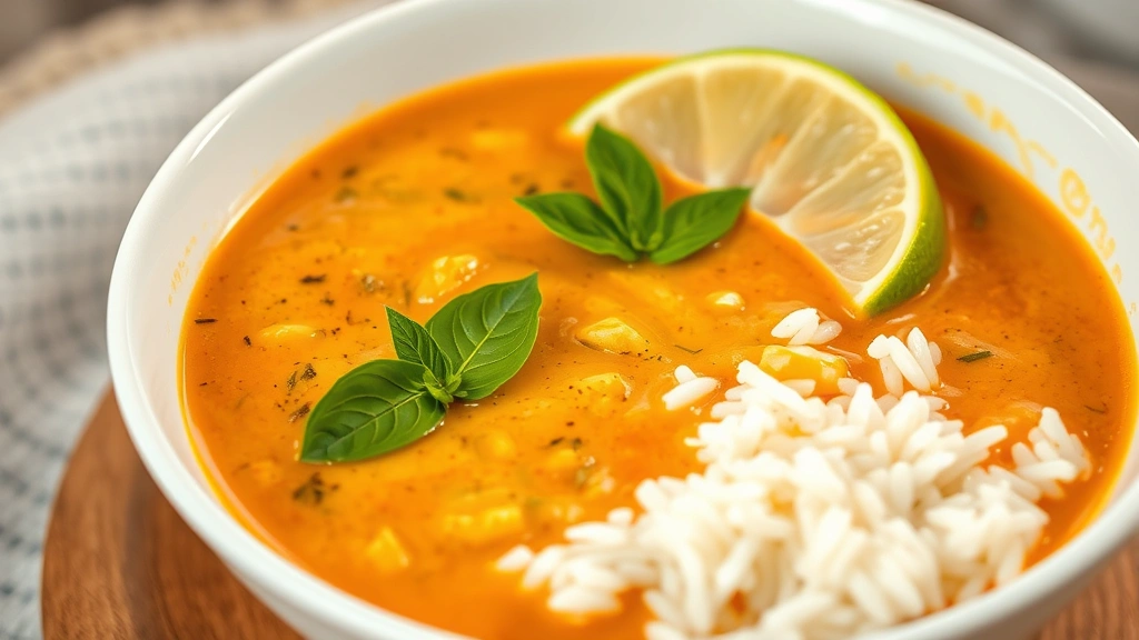 Creamy Thai coconut curry in a white bowl with jasmine rice, garnished with fresh basil and lime slice, warm golden lighting highlighting the rich sauce