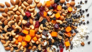 Overhead flat lay of colorful trail mix ingredients arranged separately: raw almonds, cashews, pecans, raisins, dried cranberries, apricots, pumpkin seeds, sunflower seeds, dark chocolate chips, and coconut flakes on white marble countertop with natural daylight