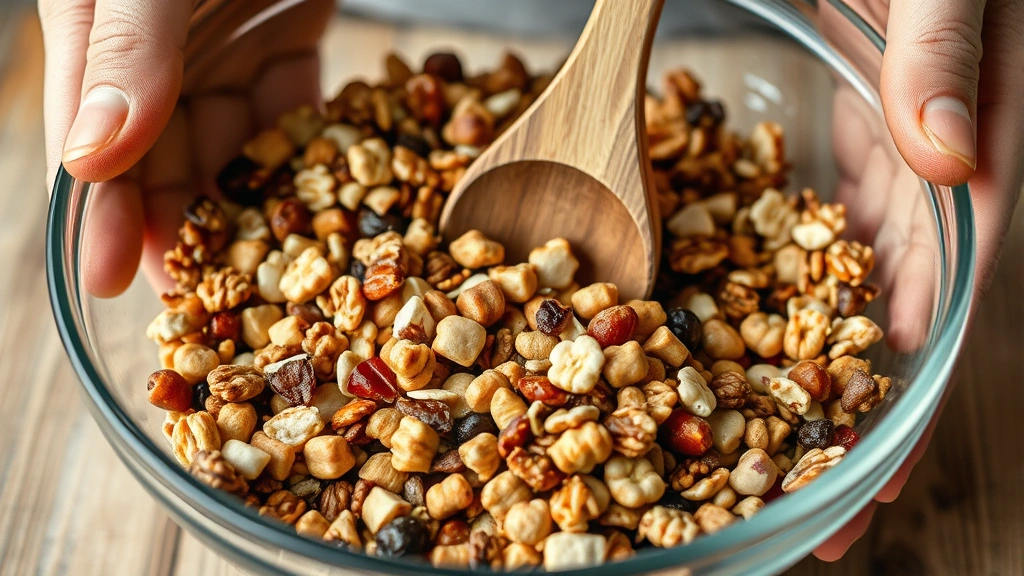Close-up of hands mixing trail mix ingredients in a large glass bowl, mid-preparation with wooden spoon, showing texture and variety of nuts, seeds, and dried fruits clearly visible