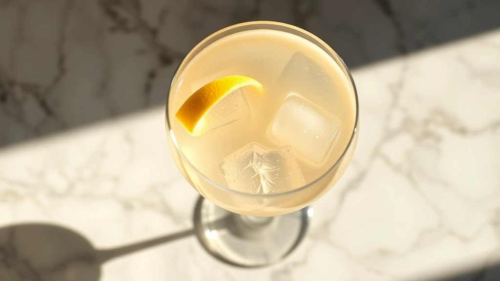 Overhead shot of a chilled white wine glass filled with pale golden Transfusion cocktail, ice cubes visible, fresh lemon twist garnish on rim, soft natural sunlight creating shadows on marble counter