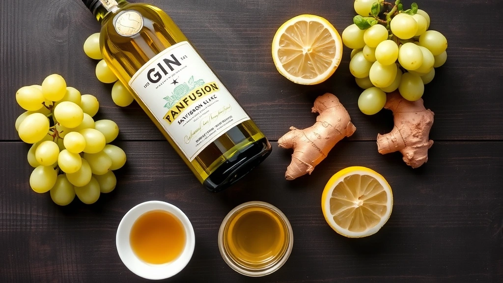 Flat lay of Transfusion ingredients arranged artfully: bottle of Sauvignon Blanc, gin bottle, fresh white grapes, sliced ginger root, fresh lemon, small bowl of ginger syrup, all on dark wooden surface with natural lighting