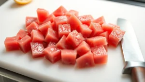 Fresh sushi-grade yellowfin tuna cubes glistening with moisture on a clean white cutting board, vibrant deep red color, sharp chef's knife visible at edge, professional seafood preparation setup