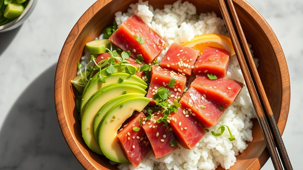 Overhead view of completed tuna poke bowl with marinated ahi tuna, fluffy white sushi rice, sliced avocado, sesame seeds, microgreens, pickled ginger, and nori strips, wooden serving bowl, natural daylight