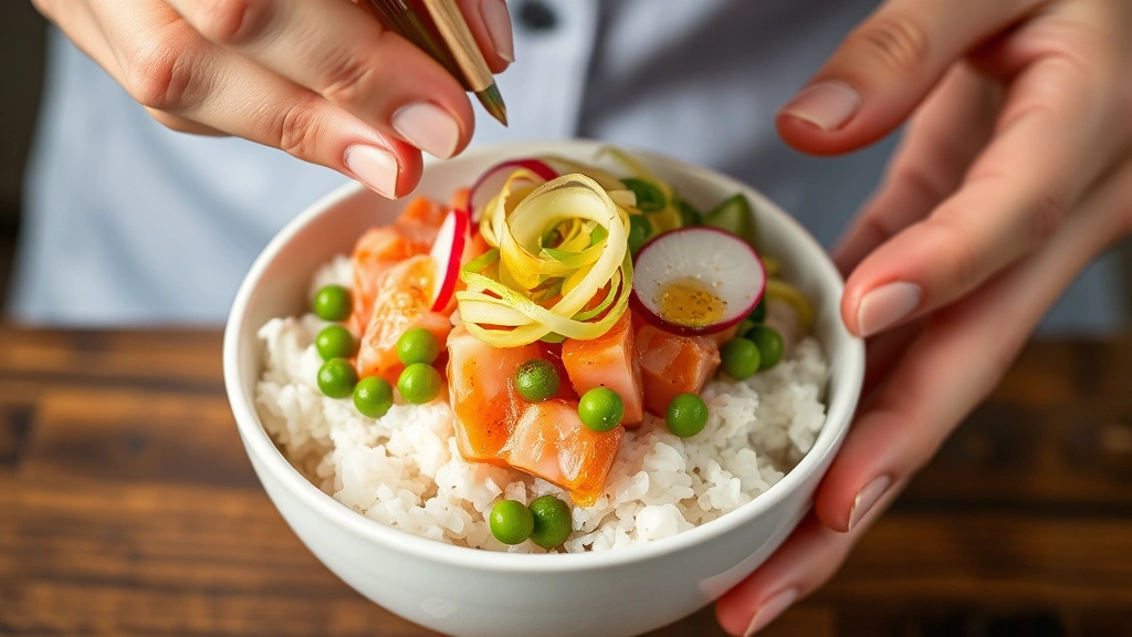 Close-up of hands arranging poke toppings onto a rice bowl, showing fresh edamame, cucumber ribbons, radish slices, and sesame oil drizzle being added with precision, professional plating technique
