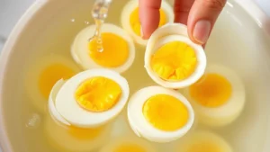 Perfectly cooked hard-boiled eggs with bright yellow yolks being gently cracked and peeled under cool running water, showing the pale white and vibrant yolk clearly visible