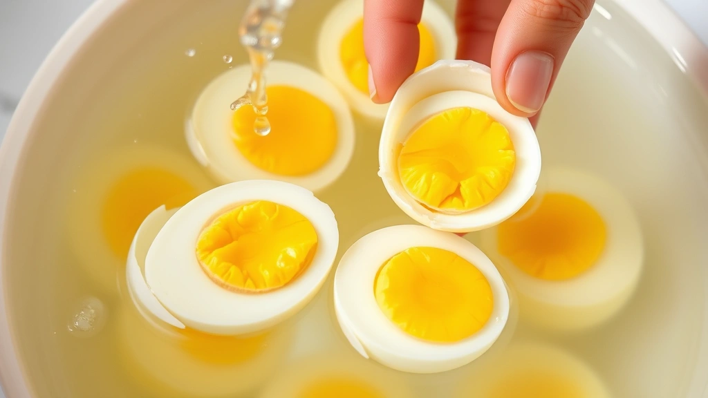 Perfectly cooked hard-boiled eggs with bright yellow yolks being gently cracked and peeled under cool running water, showing the pale white and vibrant yolk clearly visible