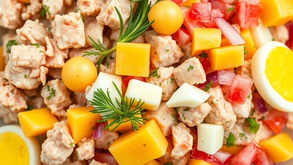 Close-up overhead shot of freshly assembled tuna salad with egg, displaying flaked tuna, diced egg whites, bright yellow yolk pieces, fresh dill, and colorful diced red onion mixed together