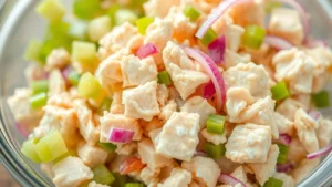Close-up of flaked white albacore tuna mixed with creamy mayo, diced celery, and red onion pieces in a glass bowl, fresh and vibrant, natural daylight