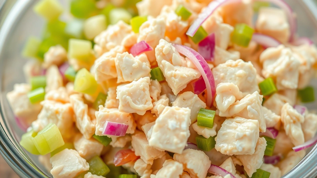 Close-up of flaked white albacore tuna mixed with creamy mayo, diced celery, and red onion pieces in a glass bowl, fresh and vibrant, natural daylight