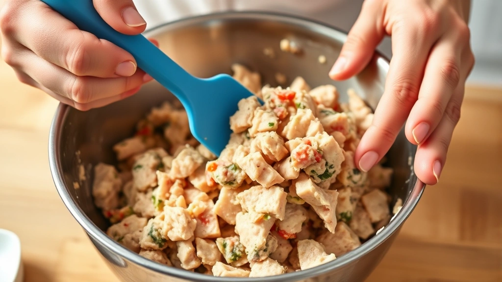 Hands gently folding tuna mixture with rubber spatula in mixing bowl, showing proper folding technique without breaking tuna pieces apart, bright kitchen setting