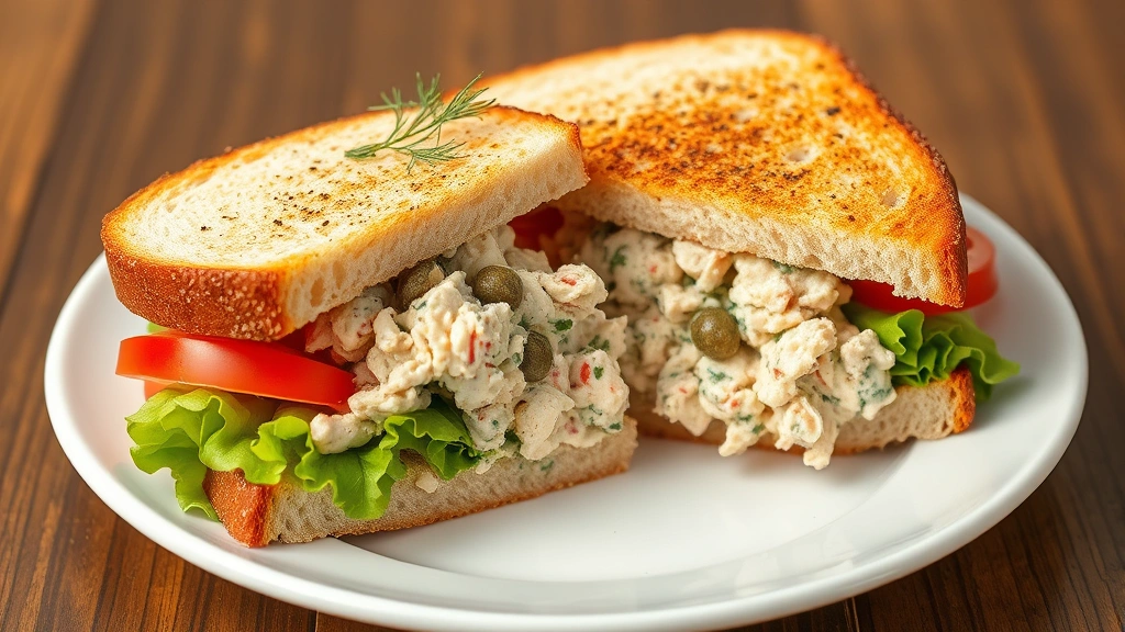Finished tuna salad sandwich cut diagonally on white plate with crispy lettuce, tomato slices, and golden-toasted bread, garnished with fresh dill and capers visible in filling