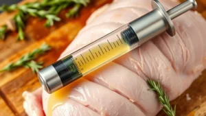 Close-up of a stainless steel meat injector syringe filled with golden butter herb injection liquid, positioned over a raw turkey breast on a wooden cutting board with fresh rosemary and thyme sprigs scattered nearby
