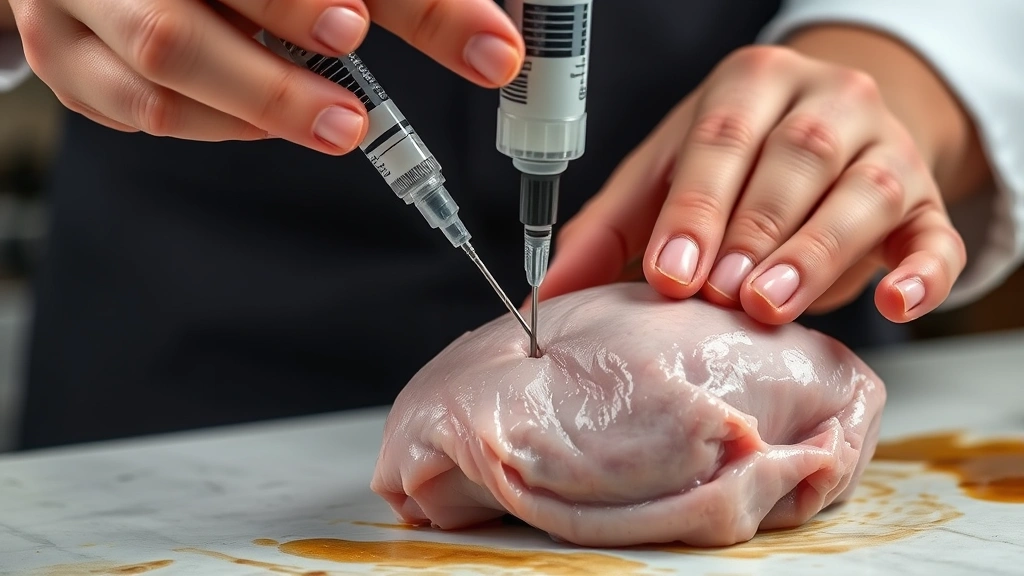 Professional chef's hands demonstrating proper needle insertion technique at a 45-degree angle into turkey thigh meat, showing the exact injection depth and positioning, with the syringe plunger being depressed mid-injection
