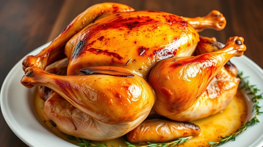 Finished roasted golden-brown turkey on a white serving platter, glistening with moisture and perfectly browned skin, garnished with fresh herbs, showing the juicy results of proper injection technique