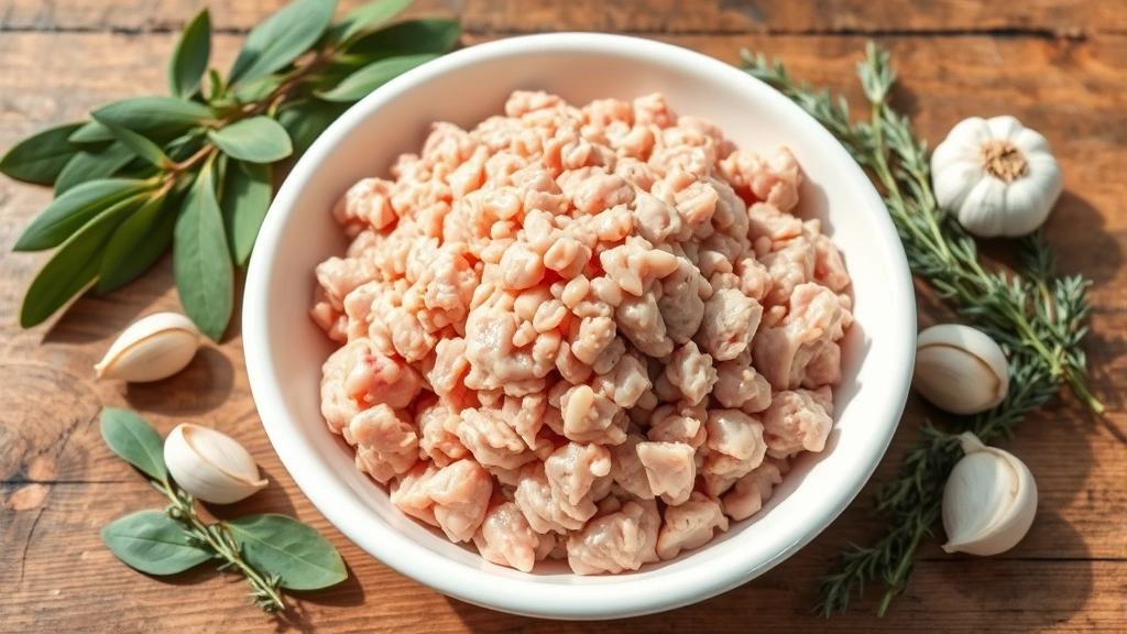 Raw ground turkey in a white ceramic bowl with fresh sage leaves, thyme sprigs, and whole garlic cloves arranged around it on a wooden surface, natural daylight