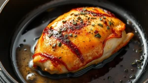 Golden-brown turkey tenderloin with herbs seared in cast iron skillet, showing caramelized crust and juices pooling around meat