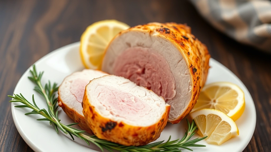 Sliced turkey tenderloin on white plate displaying pink center and golden exterior, garnished with fresh rosemary and lemon wedges