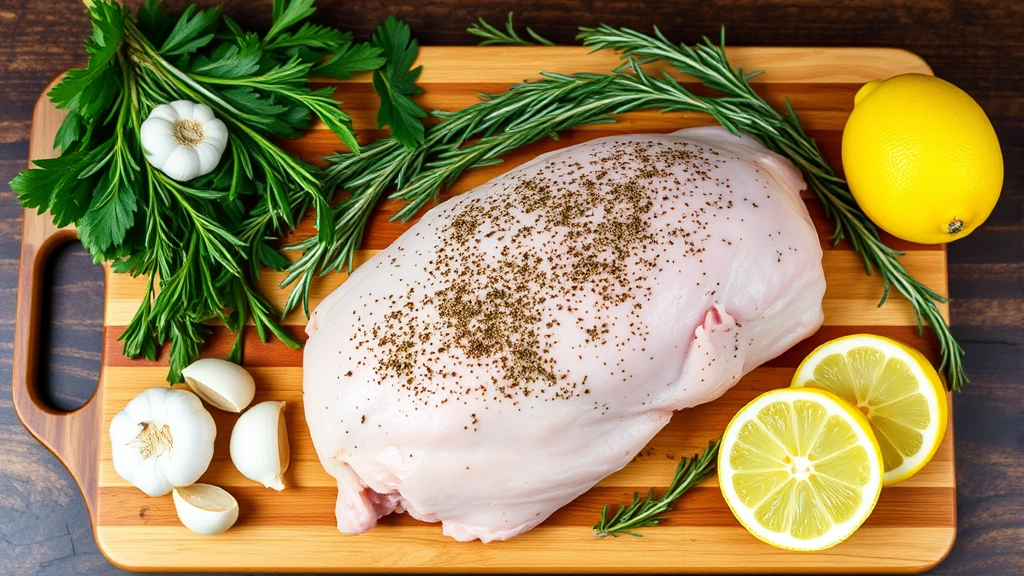 Turkey tenderloin resting on cutting board surrounded by fresh thyme, rosemary, garlic cloves, and lemon halves for seasoning preparation