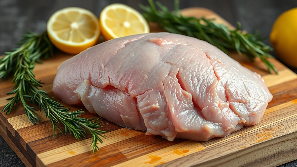 Raw turkey tenderloin on wooden cutting board with fresh thyme, rosemary sprigs, and lemon halves, professional kitchen lighting, close-up detail shot showing meat texture
