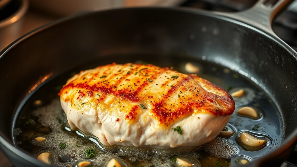 Perfectly seared golden-brown turkey tenderloin in cast iron skillet with foaming butter, herbs, and garlic cloves, steam rising, warm kitchen lighting, shallow depth of field