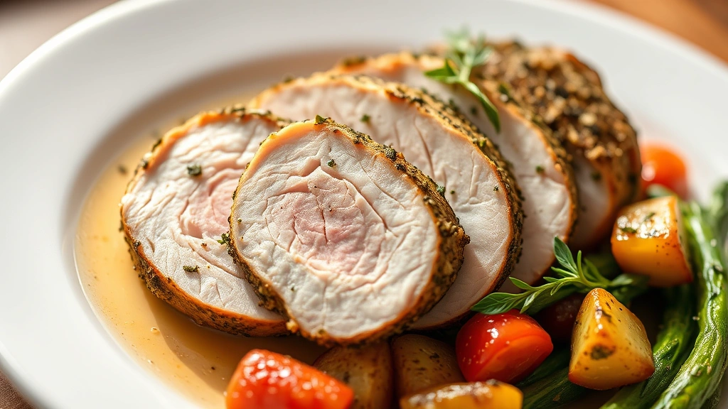 Sliced juicy turkey tenderloin showing pink interior on white plate with Mediterranean herb crust, plated with roasted vegetables and fresh herbs, restaurant-style presentation, natural daylight