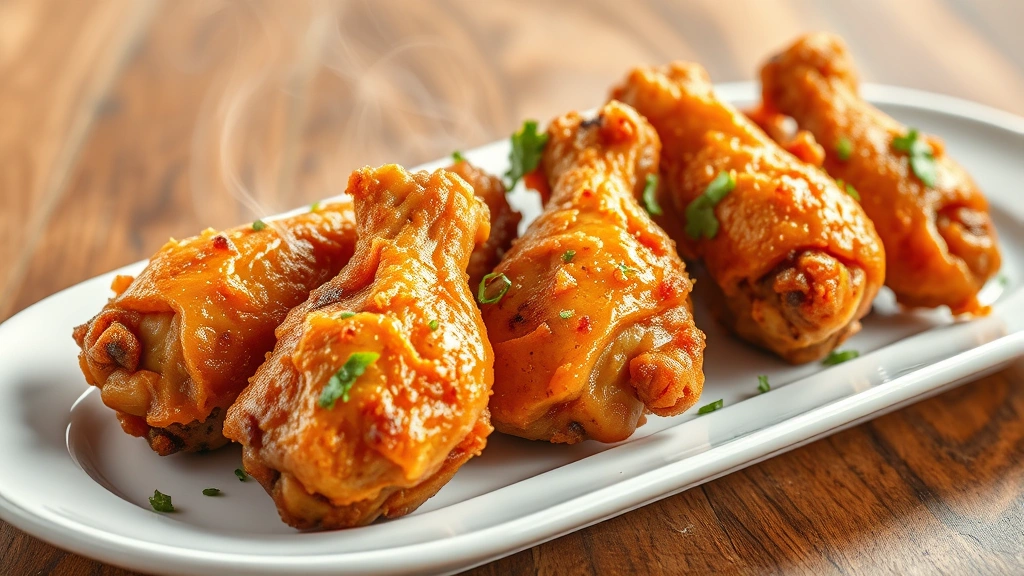 Golden-brown crispy turkey wings on white plate with steam rising, garnished with fresh herbs, professional food photography, bright natural lighting