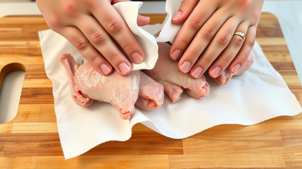 Hands patting raw turkey wings dry with white paper towels on cutting board, close-up detail shot showing moisture removal technique