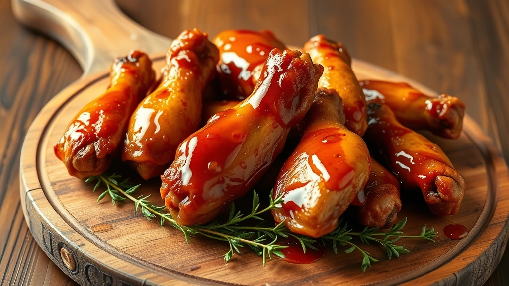 Glazed turkey wings on rustic wooden serving board with fresh thyme sprigs, honey drizzle visible on skin, warm amber lighting, appetizing presentation