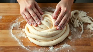 Hands kneading smooth, elastic udon dough on wooden surface, flour dusting hands, fresh and active motion captured