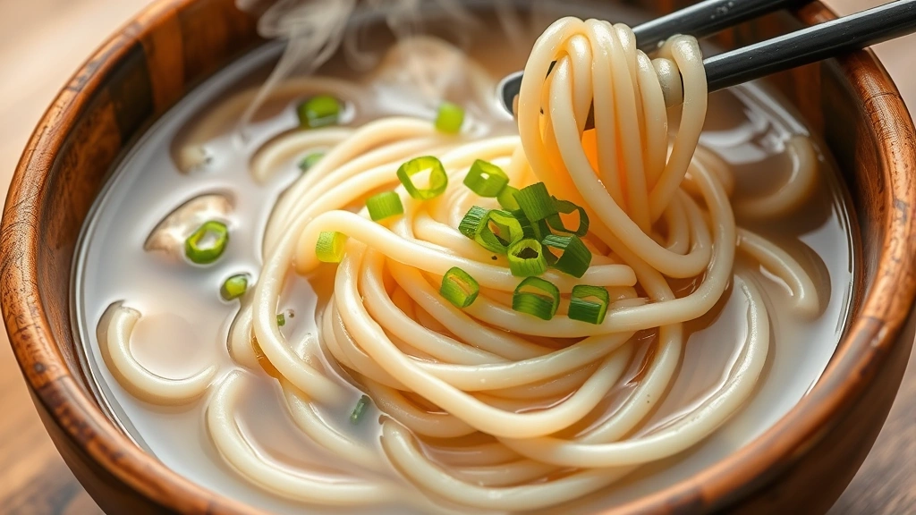 Thick, chewy udon noodles in clear broth with green onion garnish, steam rising, wooden bowl, appetizing presentation