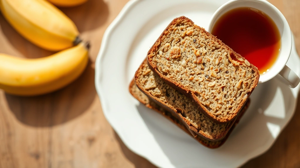 Overhead shot of cooled vegan banana bread slices stacked on a white ceramic plate with a cup of hot tea, warm natural lighting highlighting the tender texture