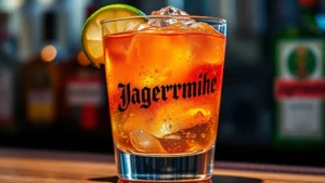 Close-up of a vibrant Vegas Bomb shot in a chilled glass with fresh lime wheel garnish, energy drink fizzing, whiskey and Jägermeister layers visible, professional bar lighting, ice visible through glass
