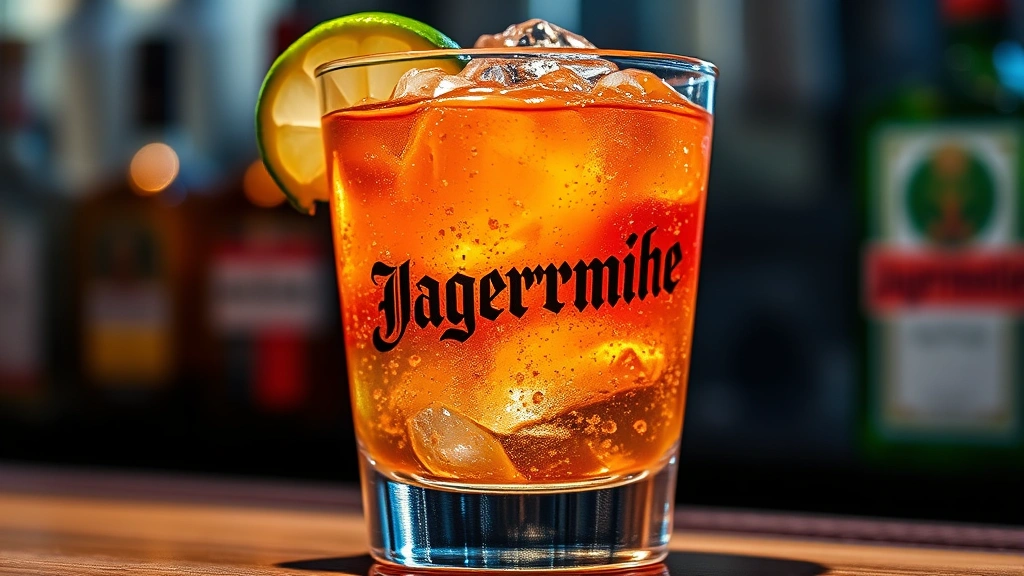 Close-up of a vibrant Vegas Bomb shot in a chilled glass with fresh lime wheel garnish, energy drink fizzing, whiskey and Jägermeister layers visible, professional bar lighting, ice visible through glass