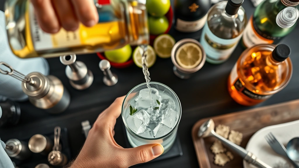 Overhead view of bartender pouring spirits into mixing glass with ice, bar tools arranged around, fresh lime wedges and bottles in background, professional home bar setup, natural lighting