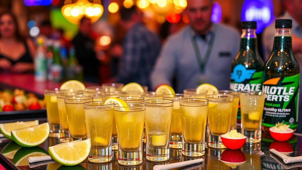 Multiple Vegas Bomb shots arranged on bar counter with lime garnishes, cold condensation on glasses, energy drink bottles nearby, party atmosphere with blurred background, appetizers partially visible