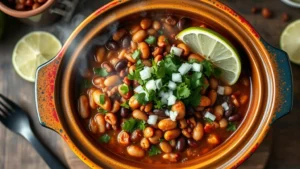 Overhead view of colorful crockpot filled with three-bean chili topped with fresh cilantro, diced onions, and lime wedges, steaming hot, rustic kitchen setting