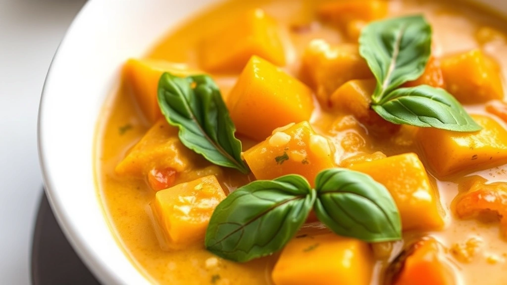 Close-up of creamy coconut curry with butternut squash, bell peppers, and fresh basil garnish in white bowl, golden-orange sauce, warm lighting